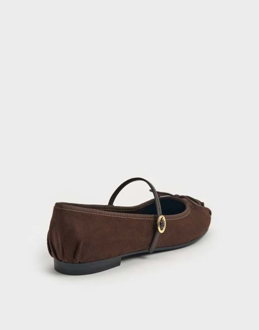 Charles & Keith Emiko faux suede bow mary jane flats in dark brown textured, 3 of 4