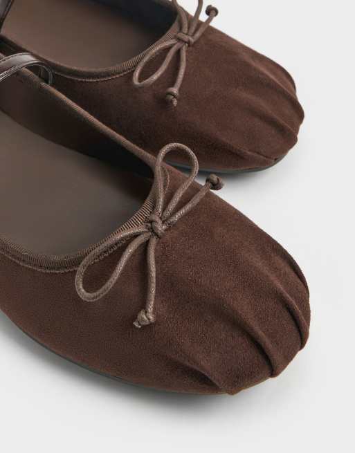 Charles & Keith Emiko faux suede bow mary jane flats in dark brown textured, 4 of 4