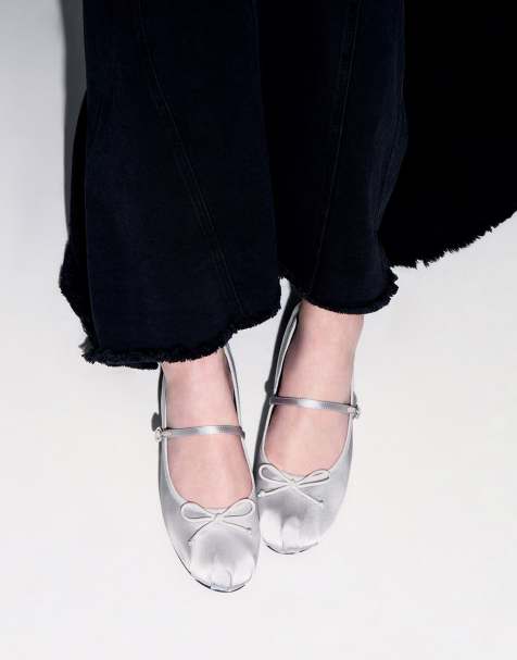 Charles & Keith Emiko satin bow mary jane flats in silver - view 1