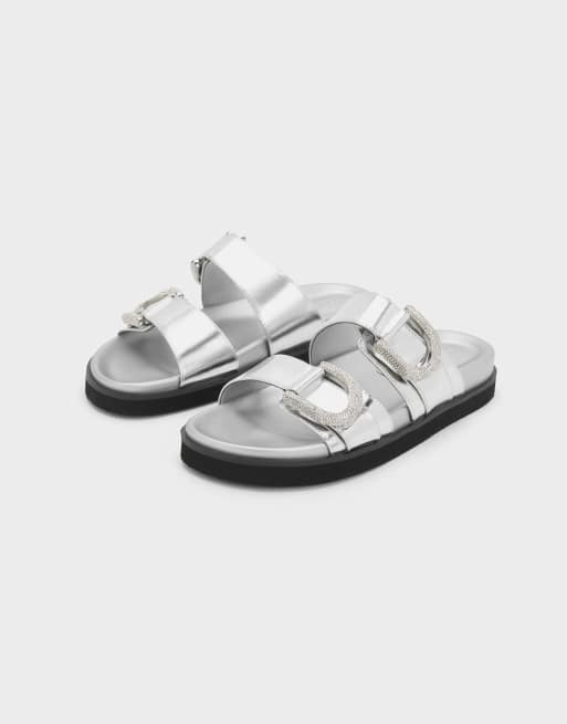 Charles & Keith Gabine crystal-embellished buckle metallic leather slides in silver, 2 of 4