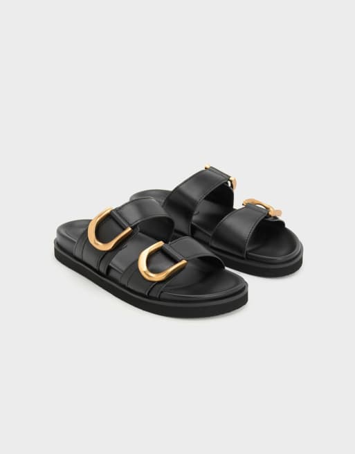 Charles & Keith Gabine gold-buckle leather slides in black, 3 of 3