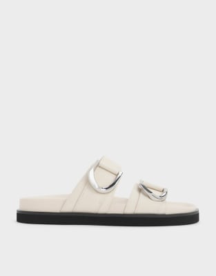  Gabine silver-buckle leather slides in chalk