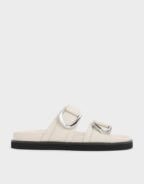 Charles & Keith Gabine silver-buckle leather slides in chalk - view 1