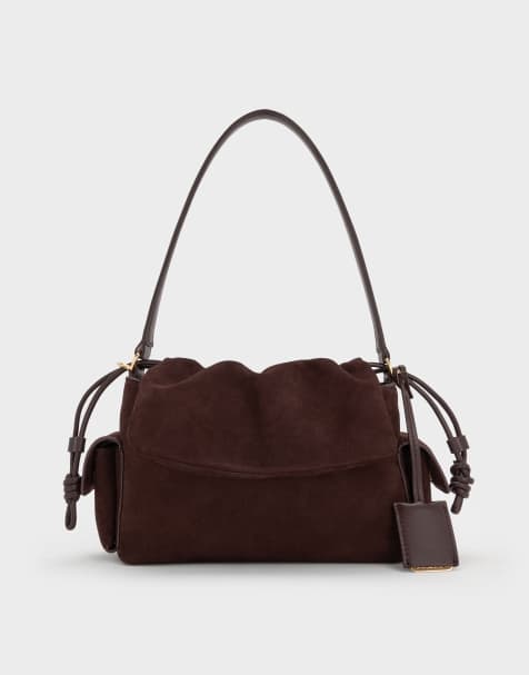 Charles & Keith Khai ruched-flap side-pocket top handle bag in espresso brown - view 1