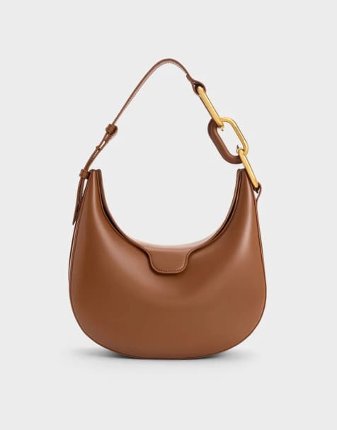 Charles & Keith Kora metallic-accent moon bag in chocolate - view 1