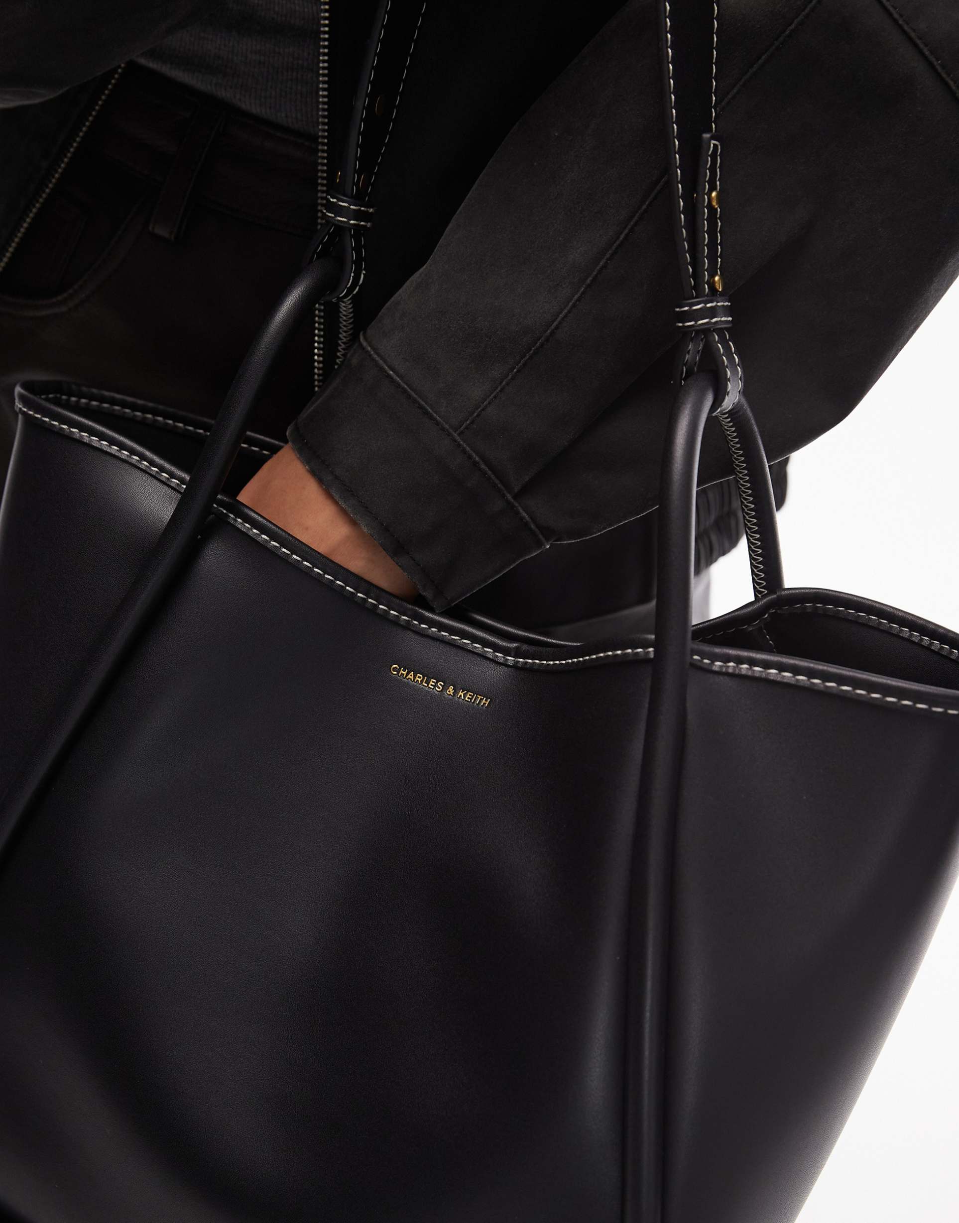 Charles & Keith Lyla tubular slouchy tote bag in black