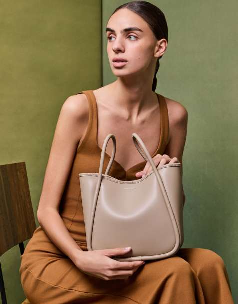 Charles & Keith Mini lyla tubular tote bag in taupe - view 1