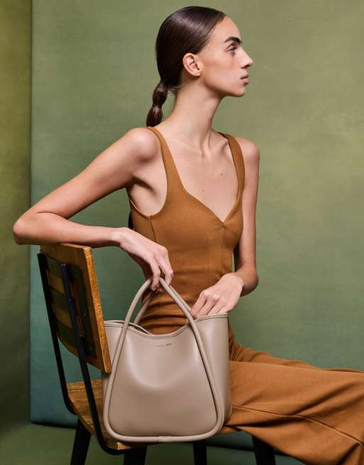 Charles & Keith Mini lyla tubular tote bag in taupe, 2 of 4