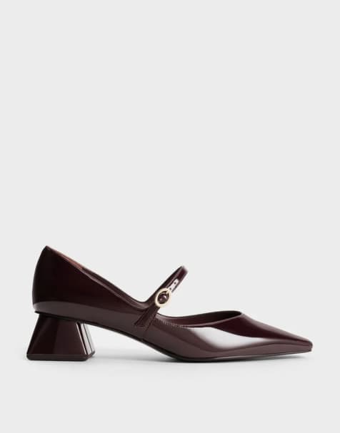 Charles & Keith Roxane patent square-toe mary janes in maroon - view 1