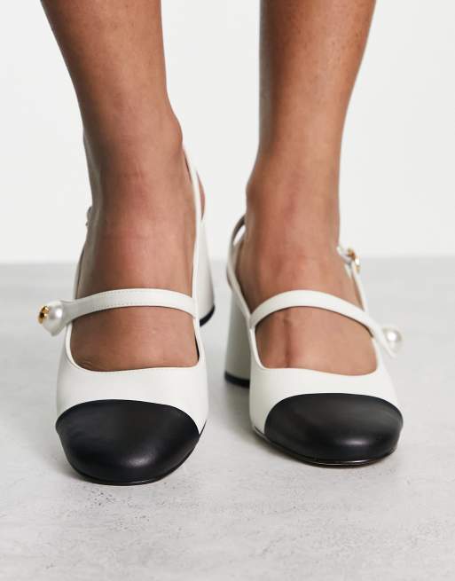 Charles Keith slingback black toe heeled shoes in white ASOS