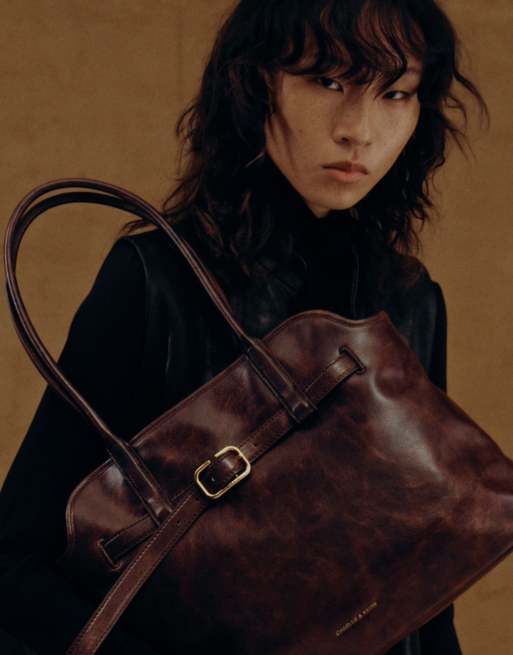 Charles & Keith Victoria belted trapeze tote bag in distressed coffee, 4 of 6