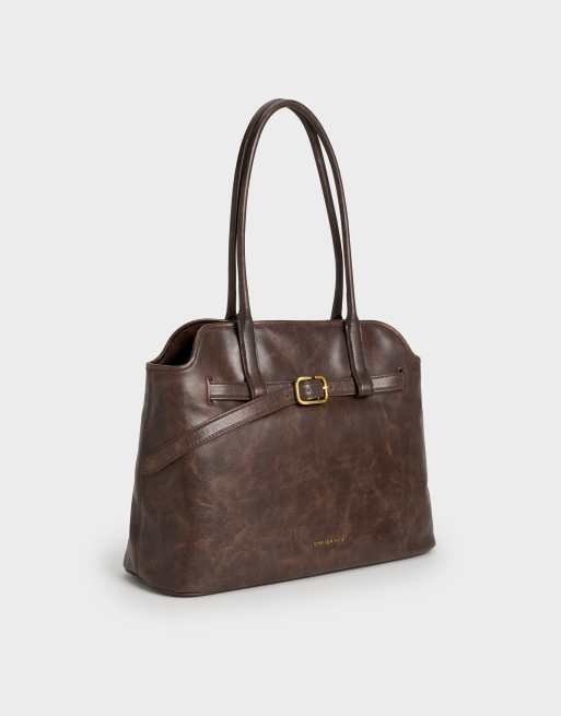 Charles & Keith Victoria belted trapeze tote bag in distressed coffee, 5 of 6