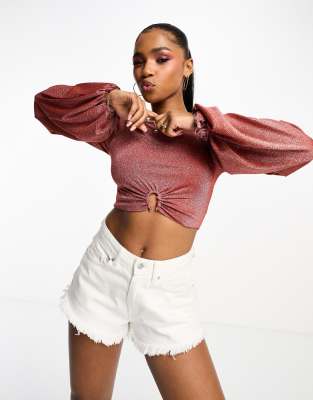 CHARLIE HOLIDAY LAYLA GLITTERY CROPPED KEYHOLE DETAIL TOP IN PINK