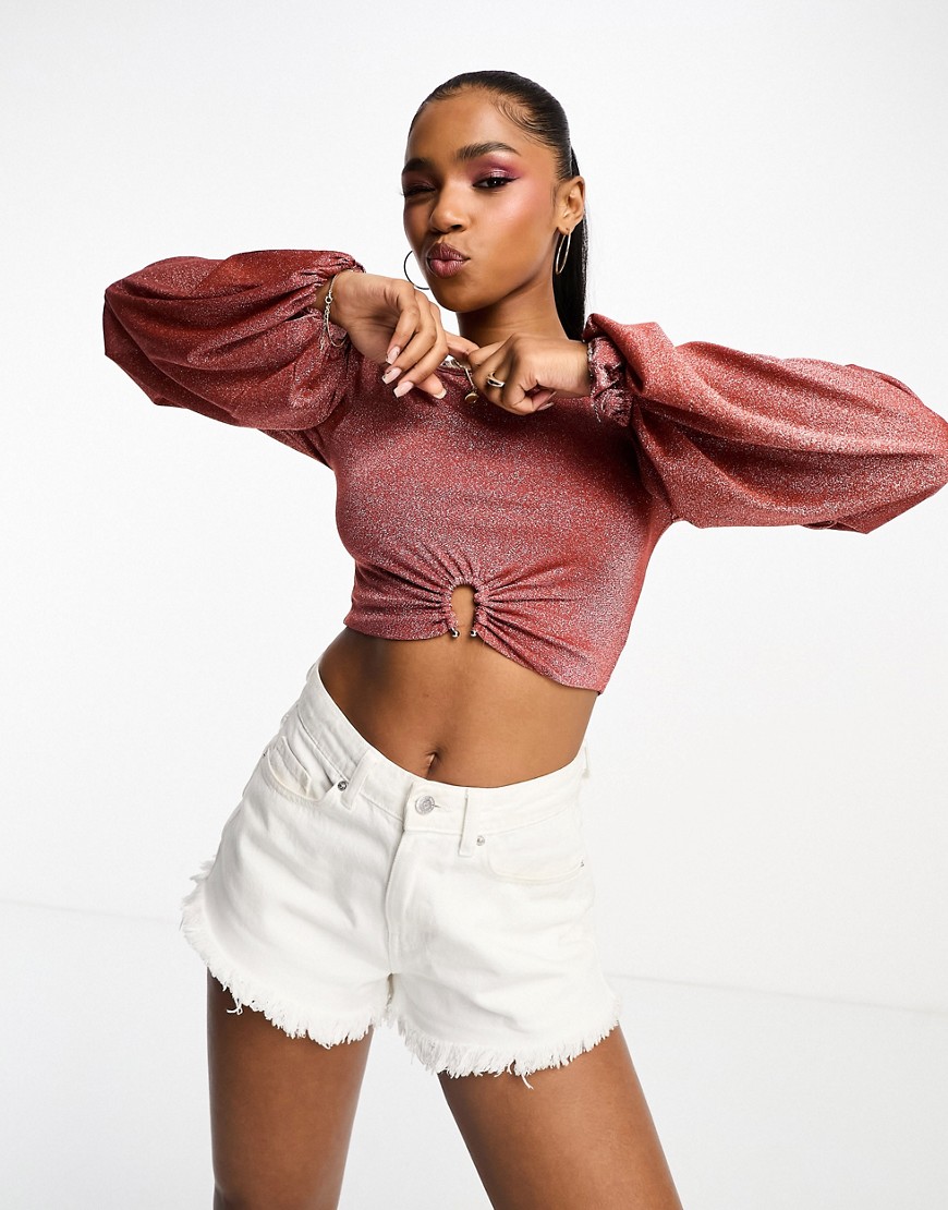Shop Charlie Holiday Layla Glittery Cropped Keyhole Detail Top In Pink