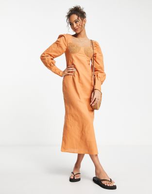 Sienna fitted bodice midi dress in mocha-Orange