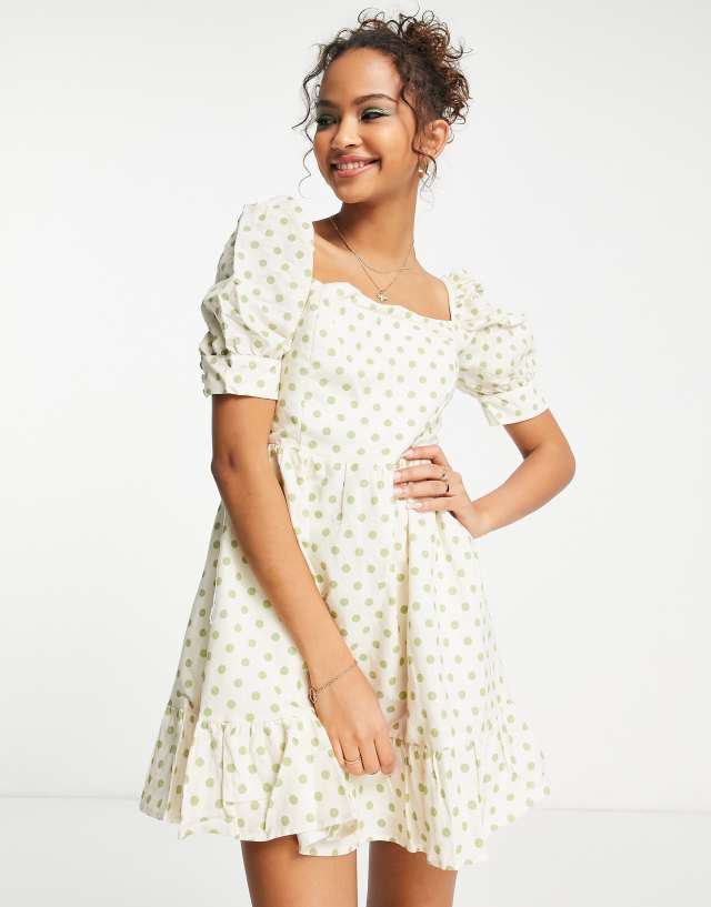 Charlie Holiday smock dress in sage polka dot