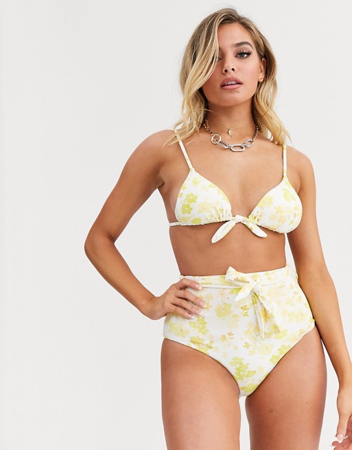 Charlie Holiday triangle bikini top in yellow and white floral