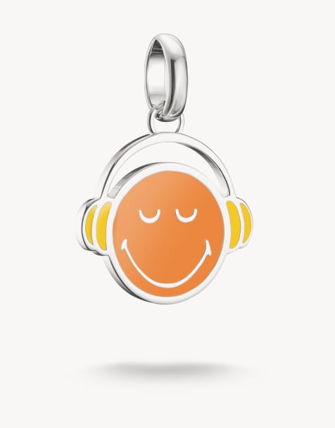 Charm plateado, amarillo y naranja de cara con auriculares de Smileyworld® de Thomas Sabo - view 1