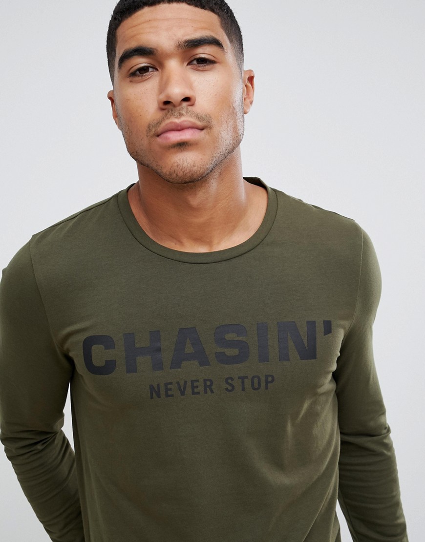 Chasin' Macon – kakifärgad t-shirt med lång ärm och logga-Grön