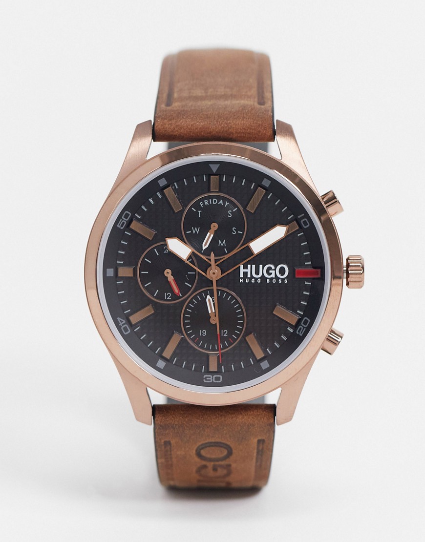 фото Часы с коричневым кожаным ремешком hugo chase 1530162-коричневый цвет