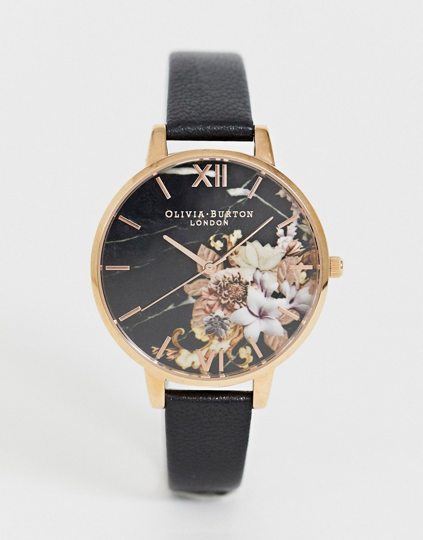 фото Часы с кожаным ремешком и мраморно-цветочным принтом olivia burton ob16cs01-черный