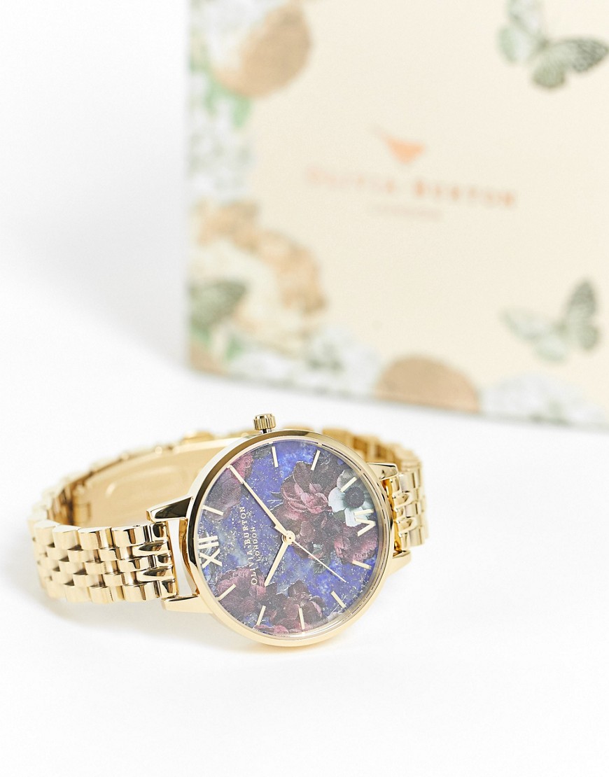 фото Часы с золотистым браслетом и цветочным принтом на циферблате olivia burton-золотистый