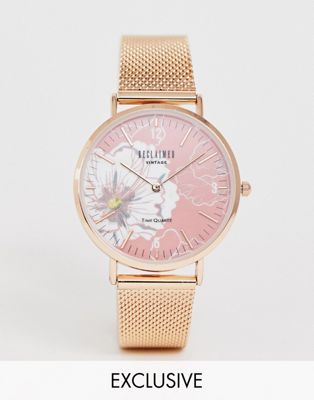 фото Часы цвета розового золота с сетчатым браслетом и цветочным принтом reclaimed vintage эксклюзивно для asos-золотистый