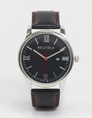 фото Часы в серебристом корпусе с черным циферблатом и кожаным ремешком bellfield-черный