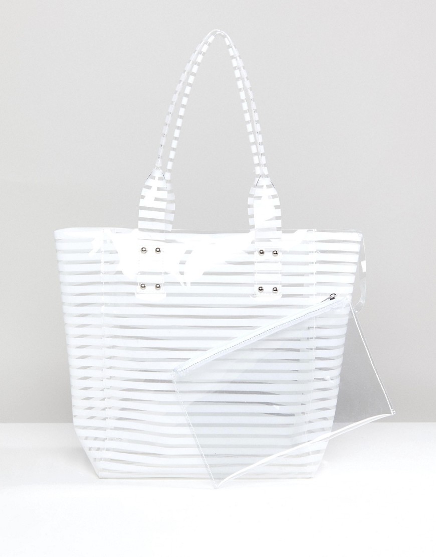 Chateau White Striped Jelly Tote with Wristlet Clutch