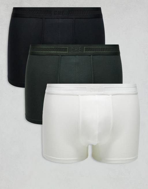 Che Studios - Confezione da 3 boxer aderenti con fascia in vita tono su tono neri, bianchi e kaki
