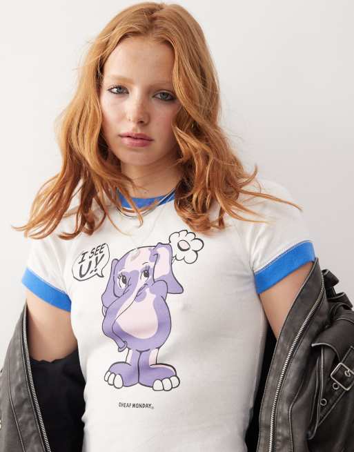 Cheap Monday - Gekrompen baby T-shirt met raglanmouwen en grafische olifantprint in gebroken wit 