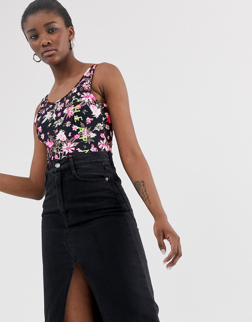 Cheap Monday roses are dread all over print bodysuit with recycled polyester-Black
