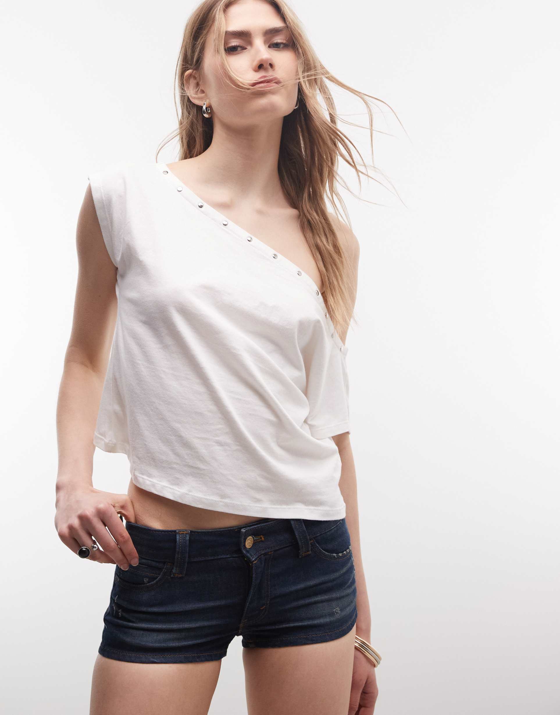 cheap monday sleezie denim hot pant shorts in mid blue wash