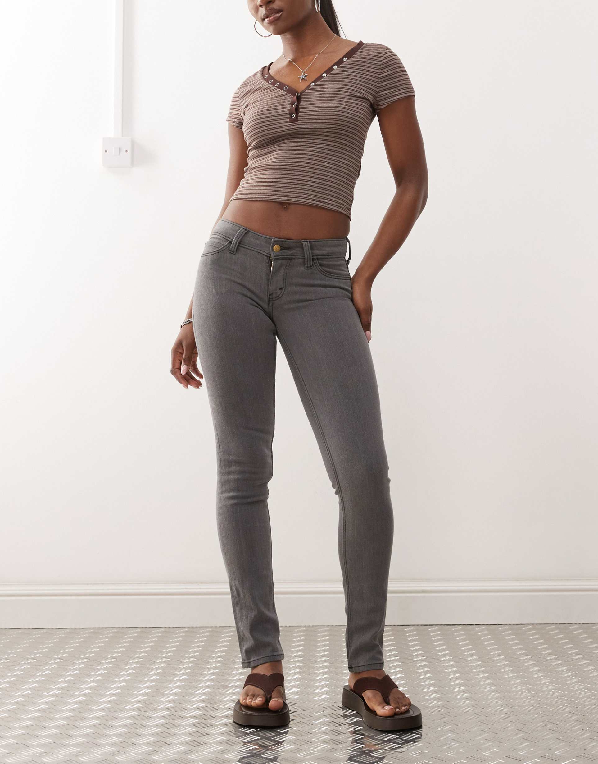 cheap monday sleezie low rise super stretch skinny jeans in gray wash