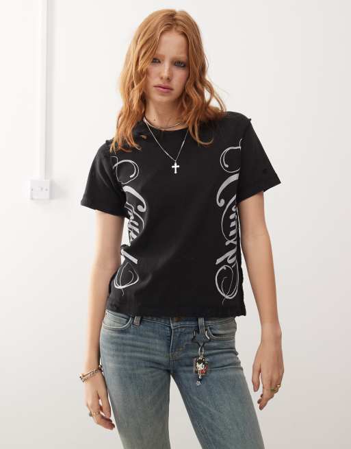 Cheap Monday - T-shirt a maniche corte nero slavato con stampa “Crush” e dettagli invecchiati 
