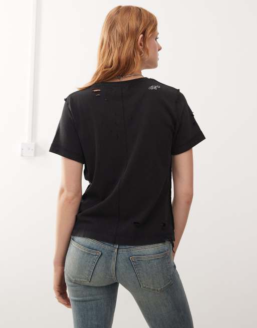 Cheap Monday - T-shirt a maniche corte nero slavato con stampa “Crush” e dettagli invecchiati , 2 di 4