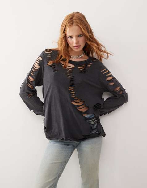Cheap Monday - T-shirt met lange mouwen, opengewerkte scheuren en acid wash in zwart - view 1