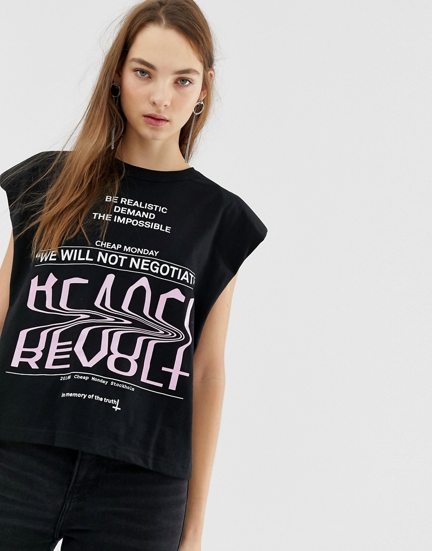 Cheap Monday - T-shirt van organisch katoen met schoudervulling en print-Zwart