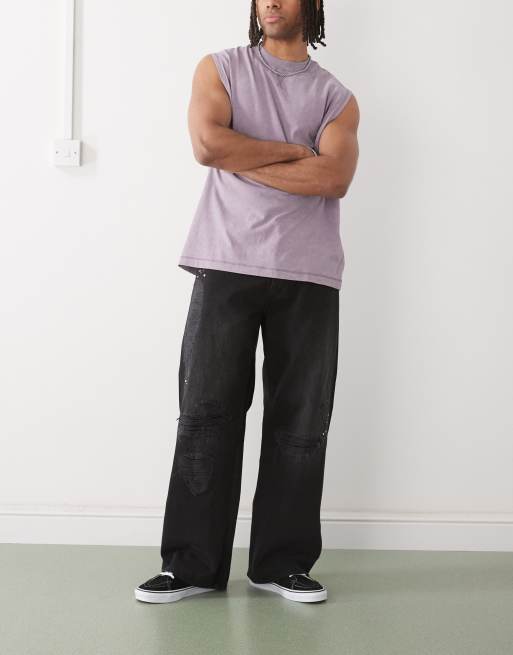 Cheap Monday x Landon Barker Looser baggy jeans with Swarovski embellishment and rips in black 