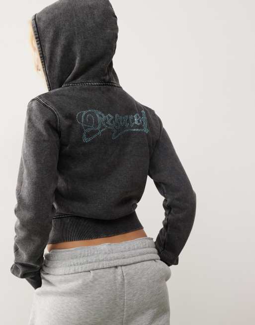 Cheap Monday zip front hoodie with rhinestone skull graphic in acid washed black