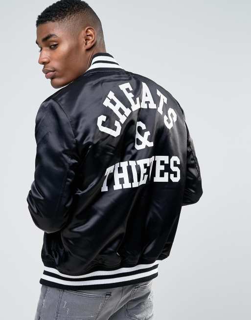 Cheats Thieves Always Prosper Satin Bomber Varsity Jacket