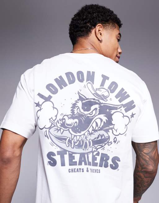 Cheats & Thieves – Biały T-shirt o gramaturze 200 g/m² z nadrukiem z napisem „London Town” na plecach