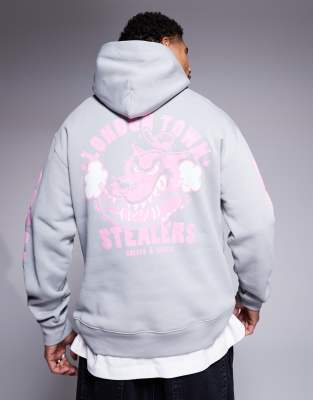 Cheats & Thieves Cheats & Thieves London town back print 320gsm hoodie in grey