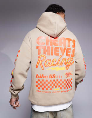 racing back print hoodie in dark beige-Neutral