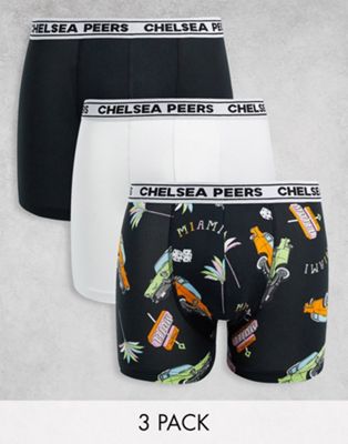 Chelsea Peers 3 pack boxers in navy and white miami car print