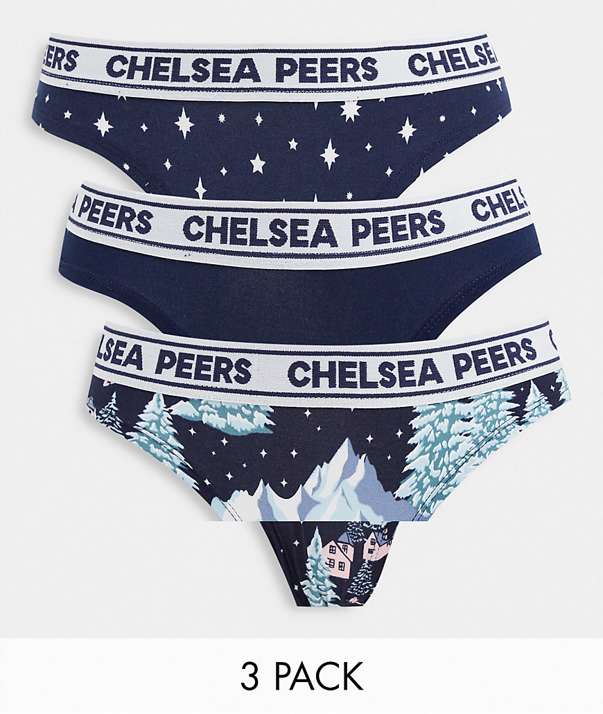 Chelsea Peers 3 pack briefs in navy snowy mountain print-Multi