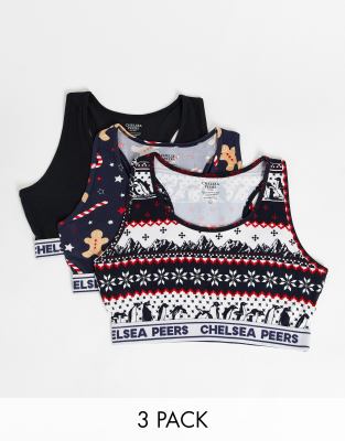 Chelsea Peers 3-pack Christmas Fairisle Crop Bralette Tops In Multi-navy