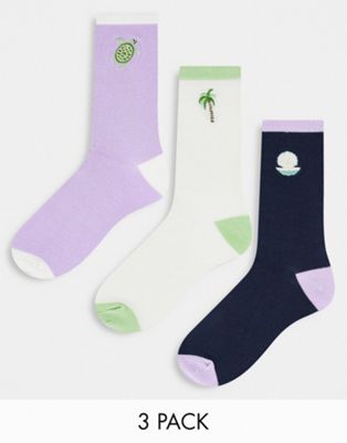 Chelsea Peers 3 pack embroidery socks in lilac turtle palm tree print