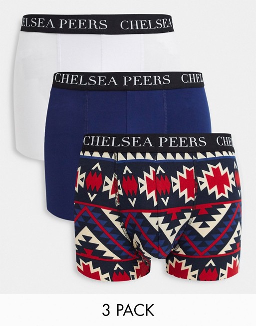 Chelsea Peers 3 pack of boxers in aztec print / navy / white