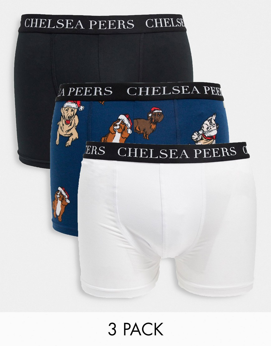 Chelsea Peers 3 pack of boxers in Christmas dog print / white / black-Multi